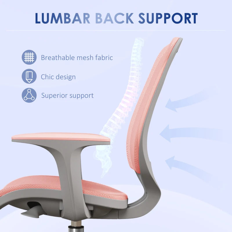 Vinsetto Pink Mesh Back Office Chair - Adjustable Height 44-56cm Ergonomic Design for Home & Office Use