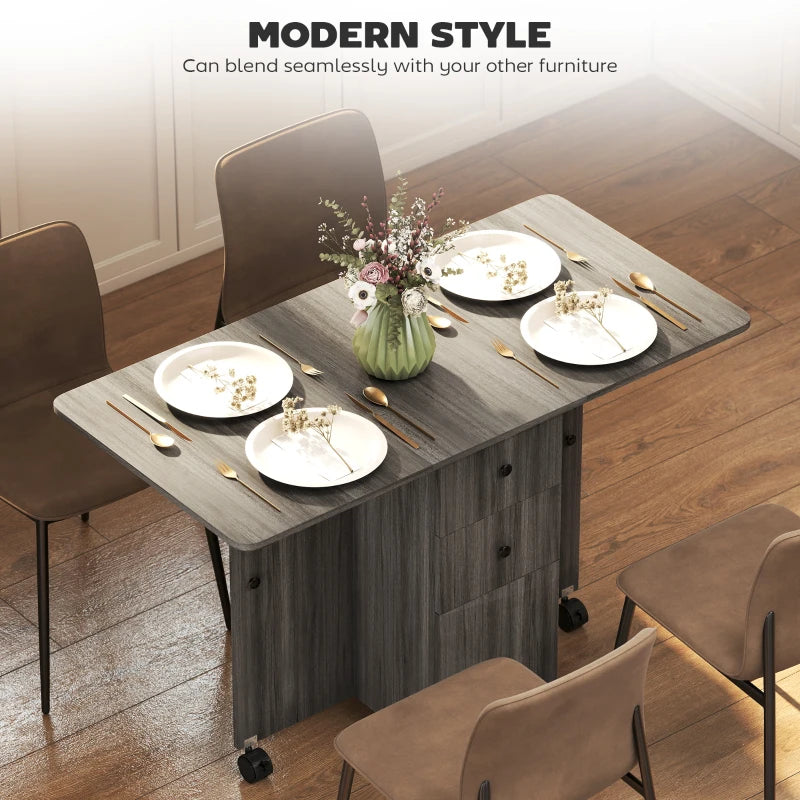 Multi-Storage Grey Drop Leaf Dining Table for Six - Space-Saving, Stylish, Perfect for Modern Homes