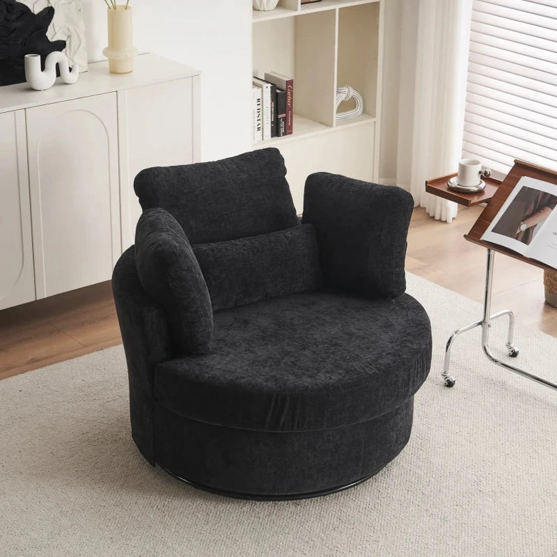 360° Swivel Bedroom Chair with Cushions and Ottoman Stool, Stylish Armchair for Living Room, Black, 107L x 105W x 82H cm