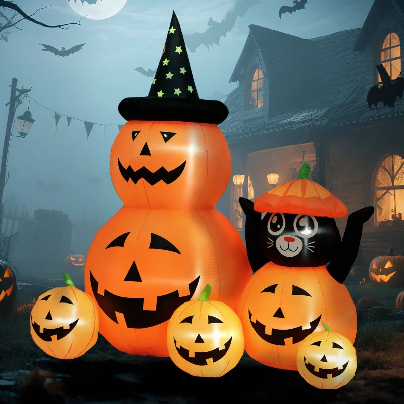 180 cm Halloween Inflatable Pumpkin & Cat with LED Lights - Self-Inflating Outdoor Decoration for Garden Party - Orange & Black
