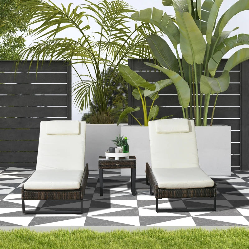 3-Piece Reclining Lounger Set with Glass-Top Table in Cream