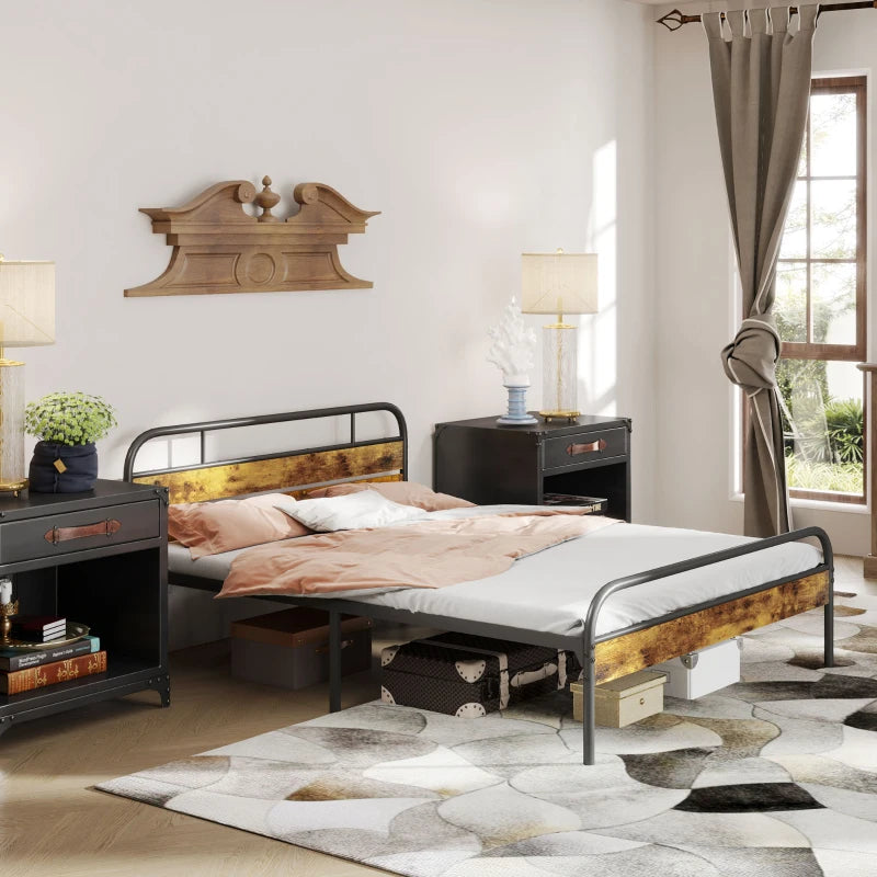 Industrial-Style King Bed Frame - Sturdy Black & Brown Metal Design for Modern Bedrooms - Stylish & Durable Sleep Solution