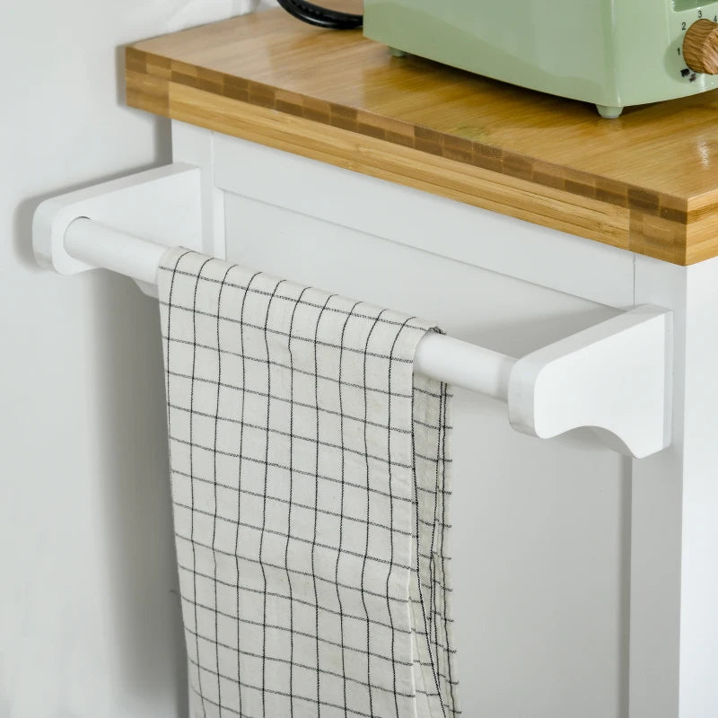 Stylish White Wooden Kitchen Cart Storage Trolley with Drawer, Cupboard & Towel Rail - Perfect for Organizing Your Kitchen