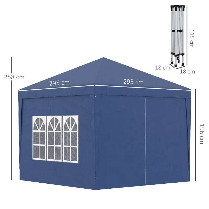 Blue 3x3m Pop Up Garden Gazebo with Sidewalls and Windows