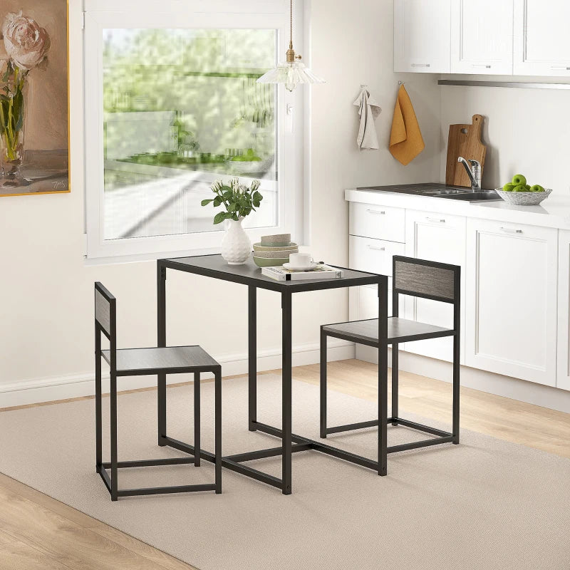 Compact Dining Table and Chairs Set for Small Spaces - Rectangular Steel Frame with Grey Wood-Effect Finish - 2-Piece Dining Room Set