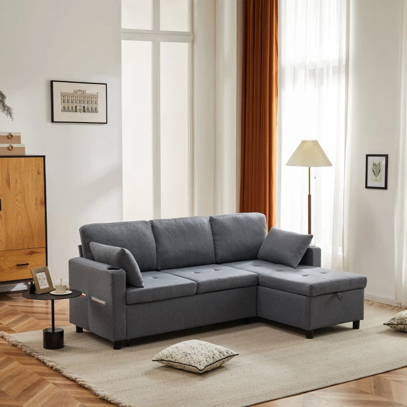 L-Shaped Linen Look Corner Sofa Bed with Storage, 3 Seater Pull-Out Settee, Grey, 212x141x87.5 cm