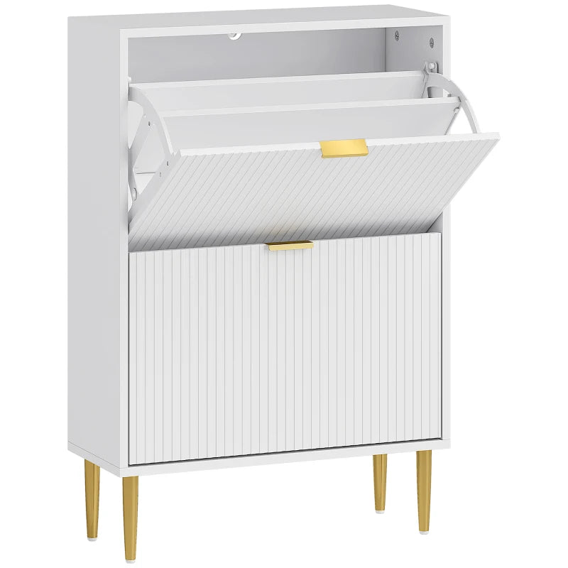 Narrow White Shoe Cabinet with 2 Flip Drawers for Space Saving Storage