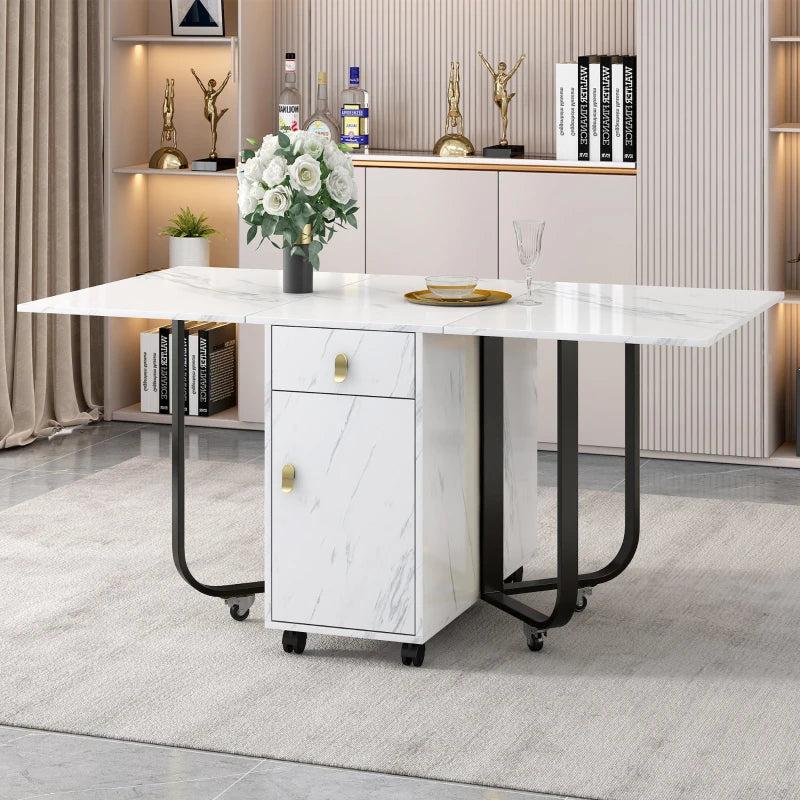 Folding Dining Table with Gold-Plated Handles - 3 Versatile Modes for Learning & Dining - Metal Frame - White/Black