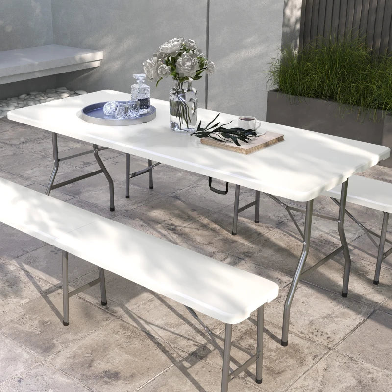 180 x 75cm Folding Garden Table - Outdoor HDPE Picnic Table for 6 - Rectangular White Patio Table with Metal Frame