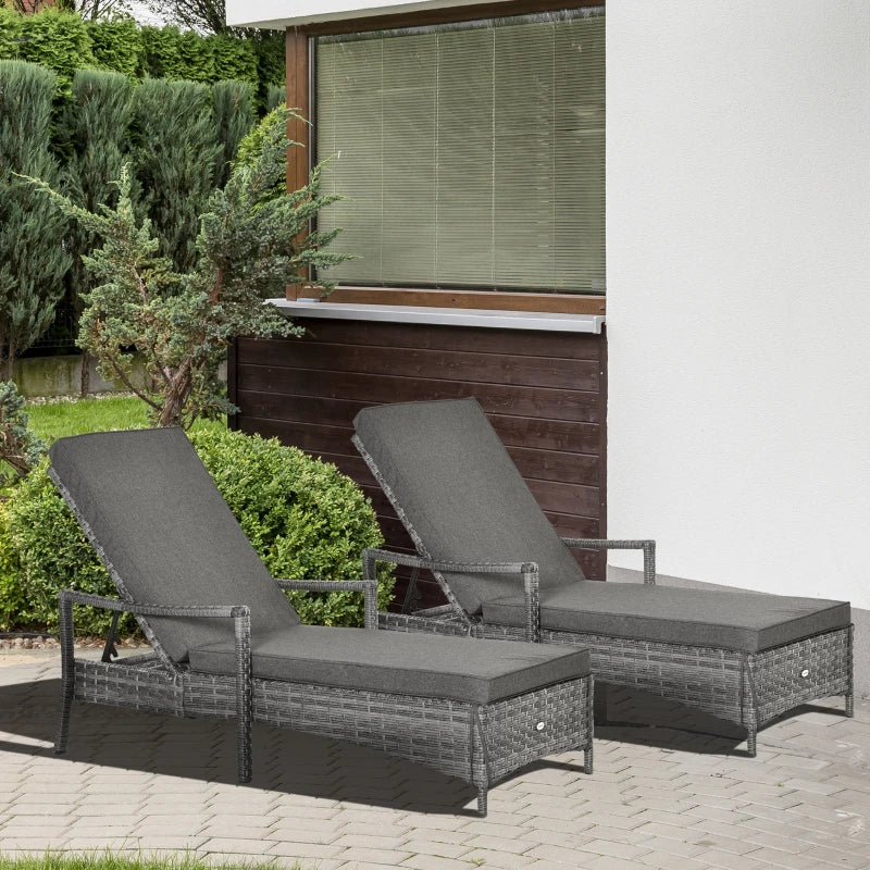 Grey Rattan Sun Loungers Set of 2 with Cushion