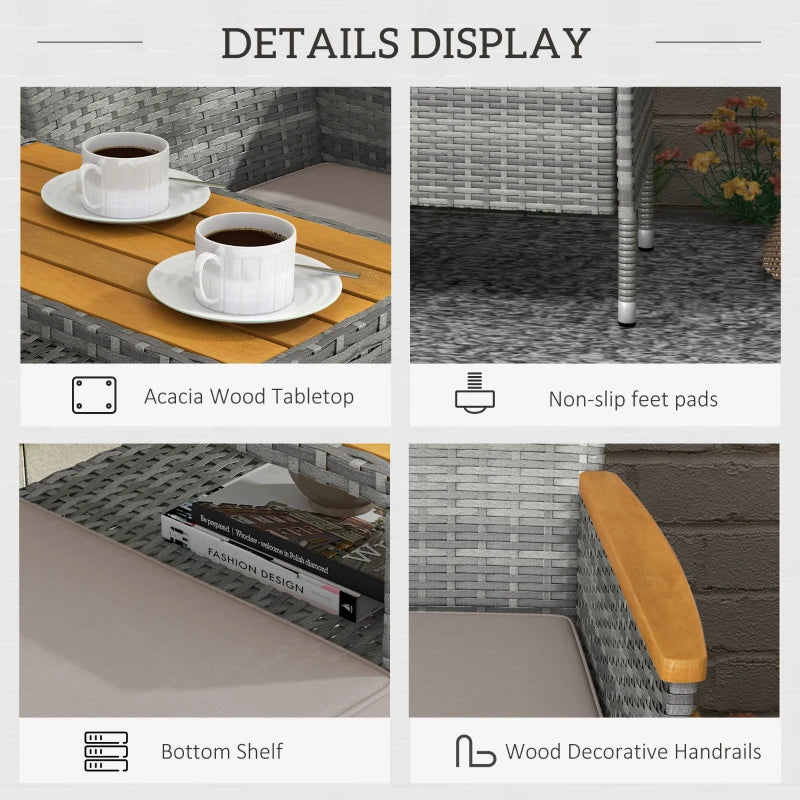 Grey Rattan Loveseat with Wood-Top Table