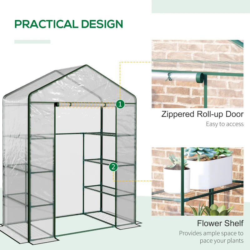 4-Tier Green Walk-in Greenhouse with Roll-up Door, Steel Frame, 143x73x195cm