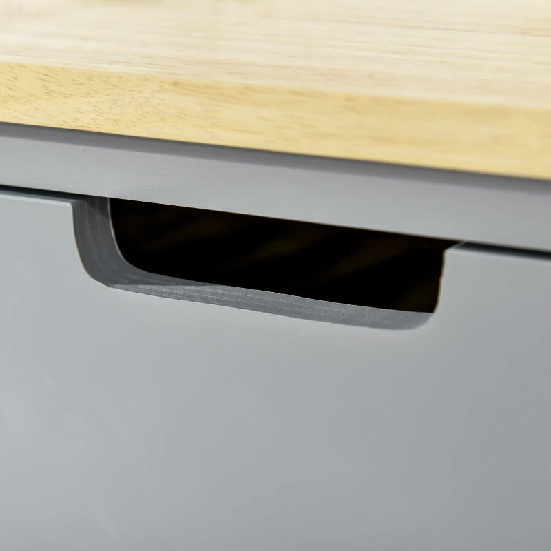 Grey Kitchen Trolley Utility Cart on Wheels with Rubberwood Top, Towel Rack, Storage Shelves & Drawer for Dining Room