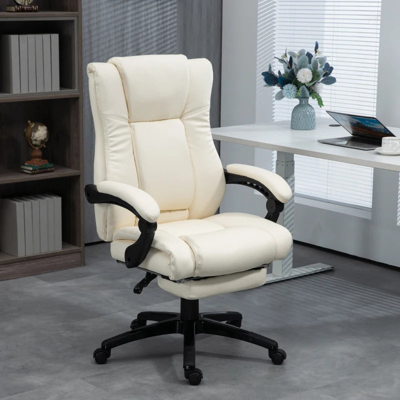 Vinsetto Cream White PU Leather Office Chair - Swivel Computer Chair with Footrest, Adjustable Height & Wheels
