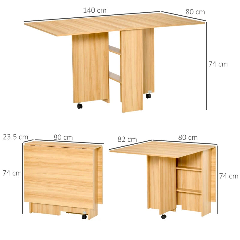Folding Dining Table with Drop Leaf - Space-Saving Rectangular Tabletop & Storage Shelves for Kitchen & Dining Room - Teak Finish