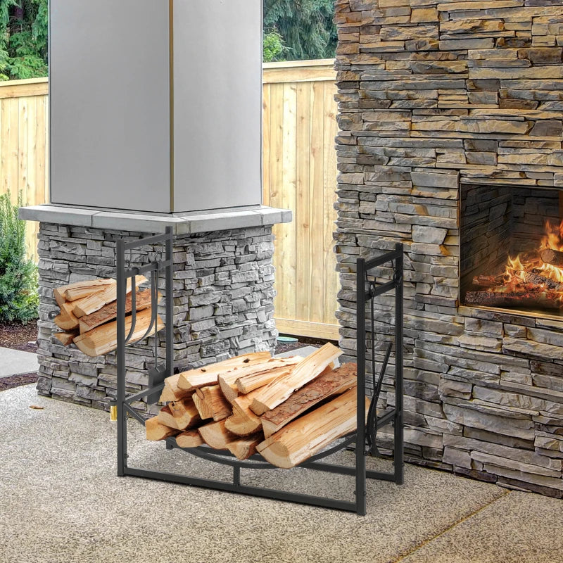 Metal Firewood Log Holder Rack - 2 Tier Indoor Outdoor Fireplace Storage with Tools & Hooks, Black, 84W x 33D x 76H cm