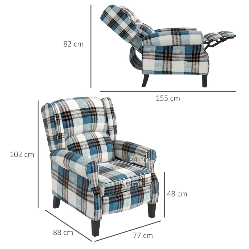 Wingback Reclining Chair with Footrest and Armrests for Living Room or Bedroom, Blue Fabric, Wooden Legs