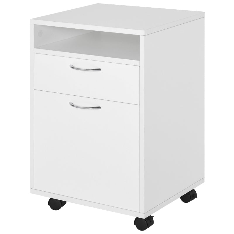 60cm Mobile Filing Cabinet with Drawer & Open Shelf, 4 Wheels, Metal Handles - White Office Home Organizer for Printers