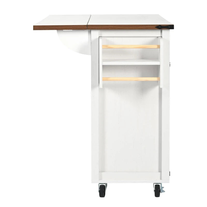 Farmhouse Style Kitchen Island Trolley - Adjustable Shelf, Cabinets & Drawers, Modern Rolling Storage Cabinet, White, 140x73x90.5 cm