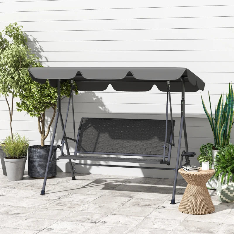 3 Seater Garden Swing Chair with Adjustable Canopy, Rattan Seat & Steel Frame, Grey