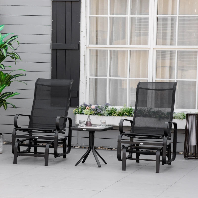 Black 3-Piece Metal Frame Gliding Chair Set with Glass Top Coffee Table