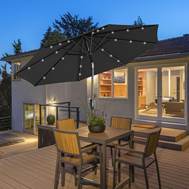 Black Solar LED Garden Parasol with Tilt Function - 2.7m