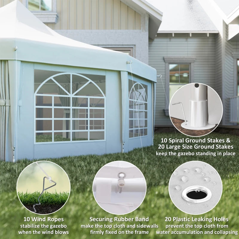 10-Sided Decagonal Garden Gazebo Party Tent - Heavy Duty Metal Frame Canopy (8.9m x 6.5m) - White