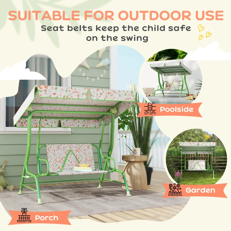 Kids Garden Swing Chair - Green 2 Seater Hammock with Adjustable Canopy & Safety Belt for Patio and Porch
