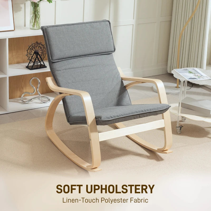 Comfortable Upholstered Rocking Chair with High Back and Headrest for Living Room and Bedroom in Grey