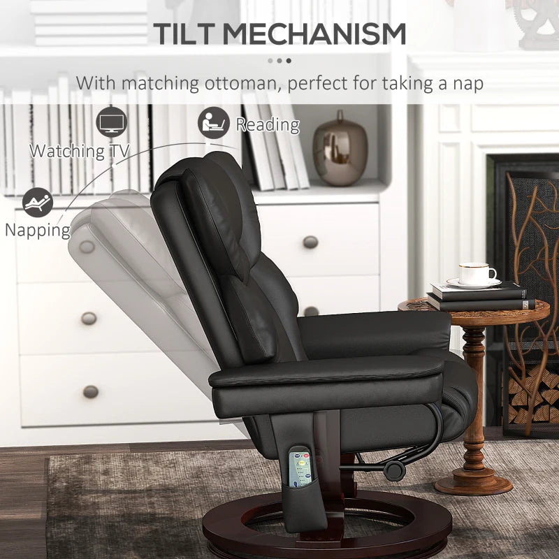 Upholstered Massage Recliner Chair with Footstool, Adjustable Backrest, Steel Frame, Swivel Armchair for Living Room and Bedroom, Black