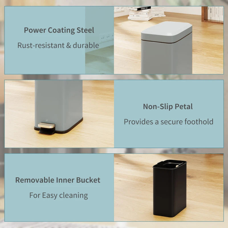 5L Rectangular Compact Steel Trash Can with Removable Bucket & Quiet-Close Lid - Ideal for Home, Office, Bathroom, Grey