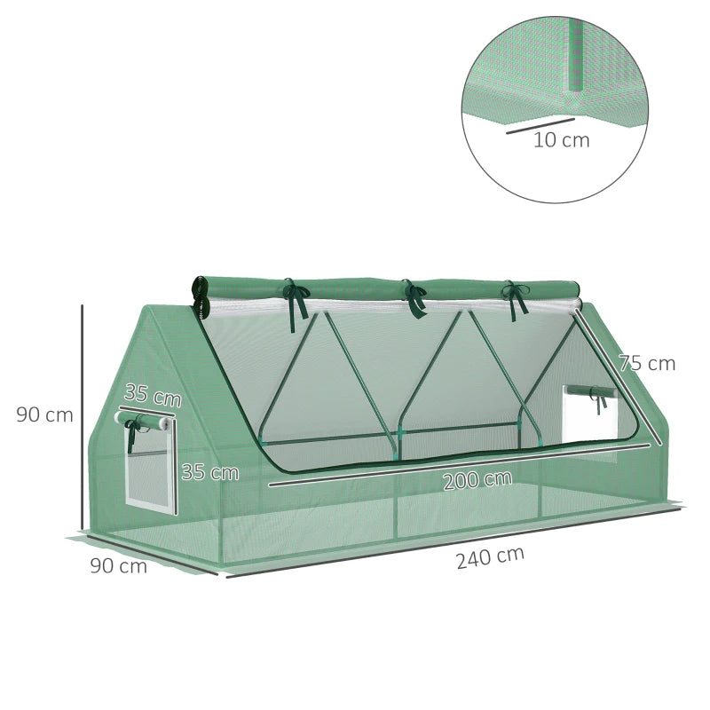 Green Mini Poly Tunnel Greenhouse with Mesh Windows, 240x90x90cm