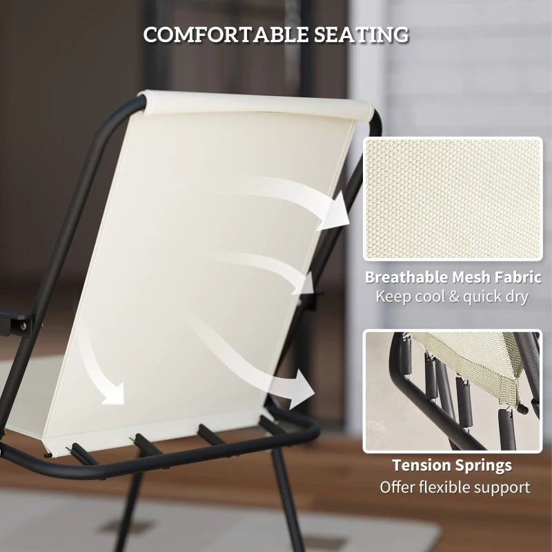 4 Seater Cream White Garden Furniture Set - 6 Piece Outdoor Dining Set with Folding Chairs and Round Glass Top Table, Includes Parasol for Patio