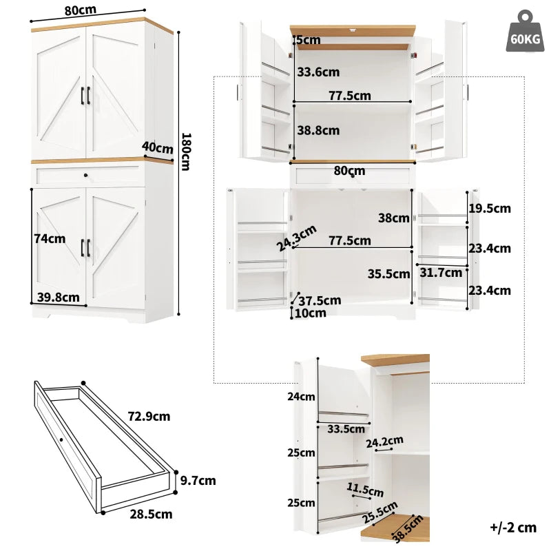 Tall Kitchen Sideboard with Double-Door Cabinets - Maximized Storage & Anti-Tip Safety for Dining Room - 80x40x180 cm, White