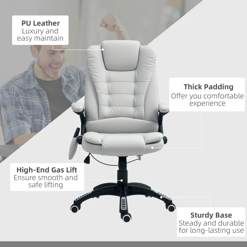 Light Grey 6-Point Massage Office Chair with Heated Seat, PU Leather High Back, Adjustable Height & 360° Swivel for Home Office