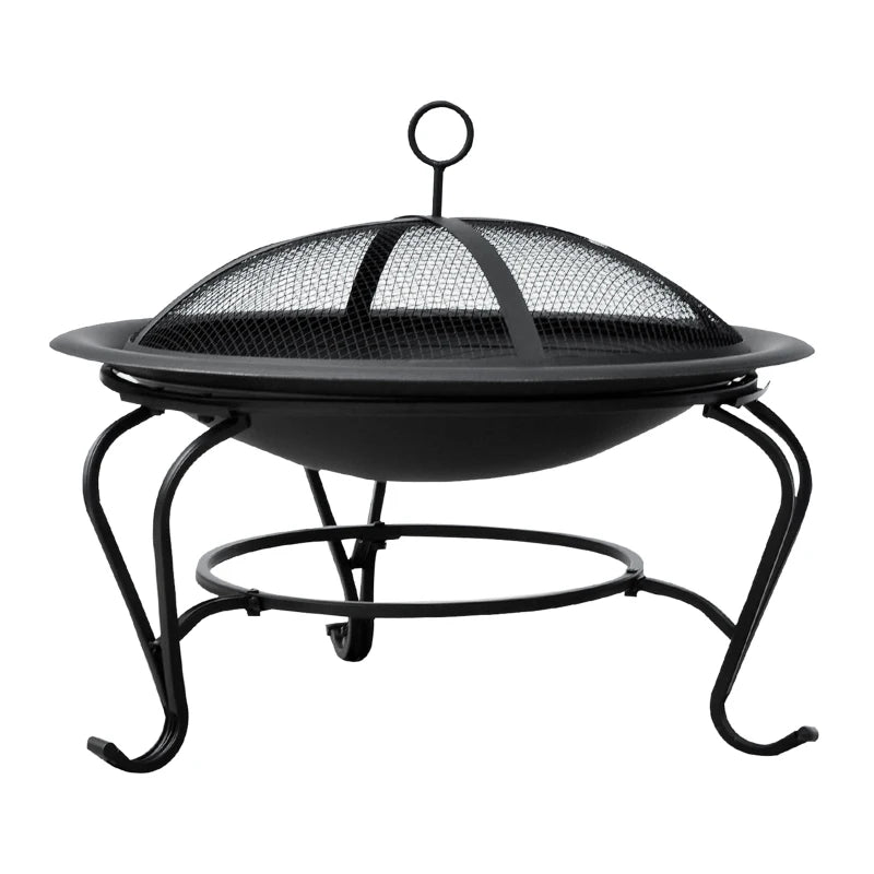 Metal Fire Pit Bowl - Round Outdoor Fire Pit with Lid, Log Grate & Poker for Backyard BBQ & Camping - 56cm