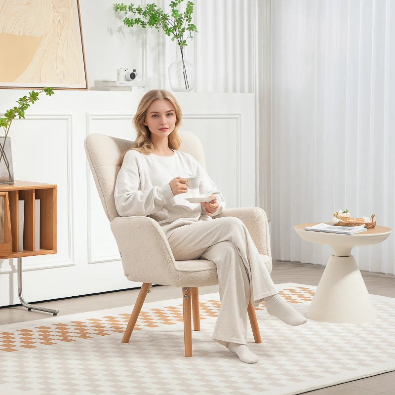 Modern Cream White Accent Chair - Upholstered Tufted Wingback Armchair with Teddy Fleece, Padded Seat & Wood Legs for Bedroom