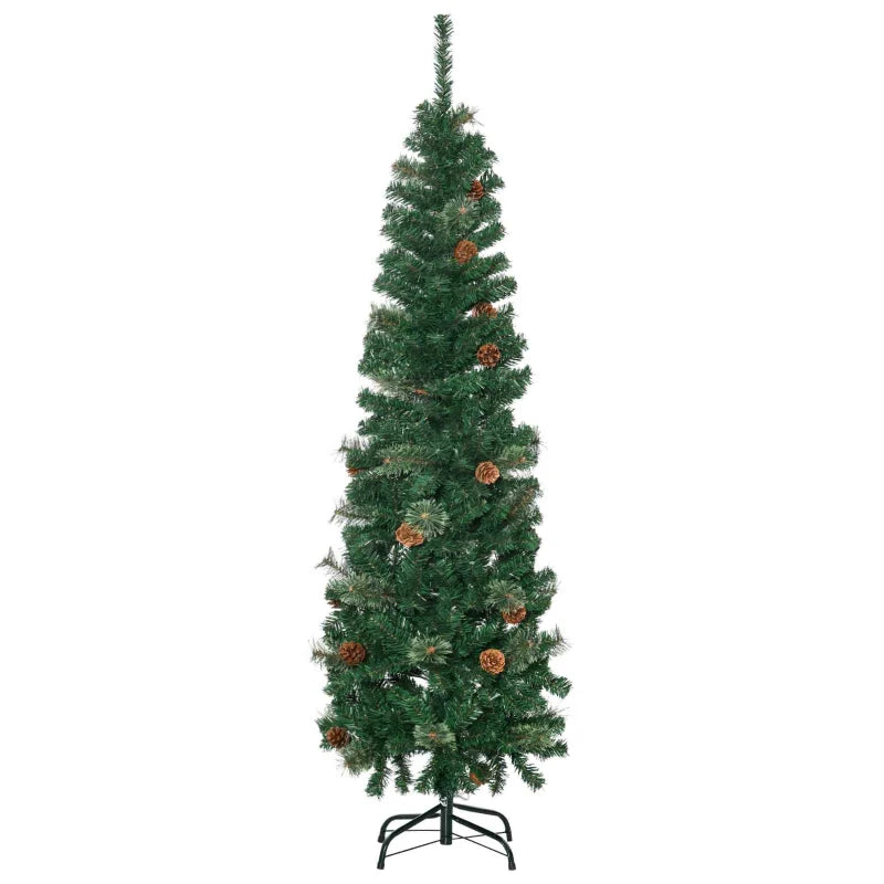 5.5FT Slim Pencil Artificial Christmas Tree with Realistic Branches, Pine Cones & Needles - Perfect Xmas Decoration, Green