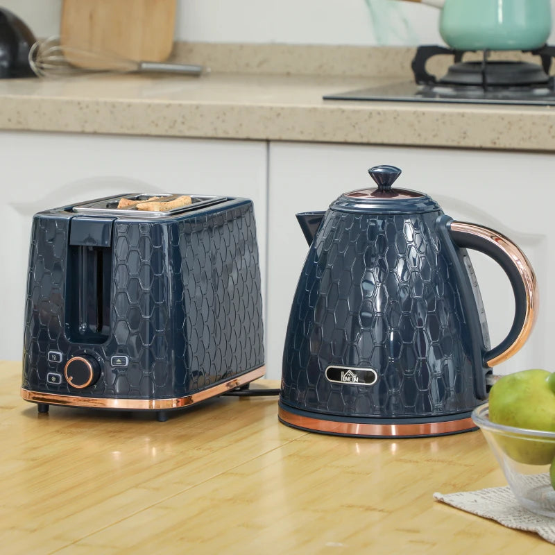 1.7L 3000W Fast Boil Kettle & 2 Slice Toaster Set - Auto Shut Off, Browning Controls, Stylish Blue Finish