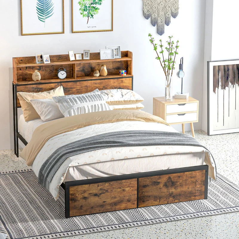 Industrial Style Double Bed Frame with Storage Headboard and Slatted Support 141x207cm Rustic Brown