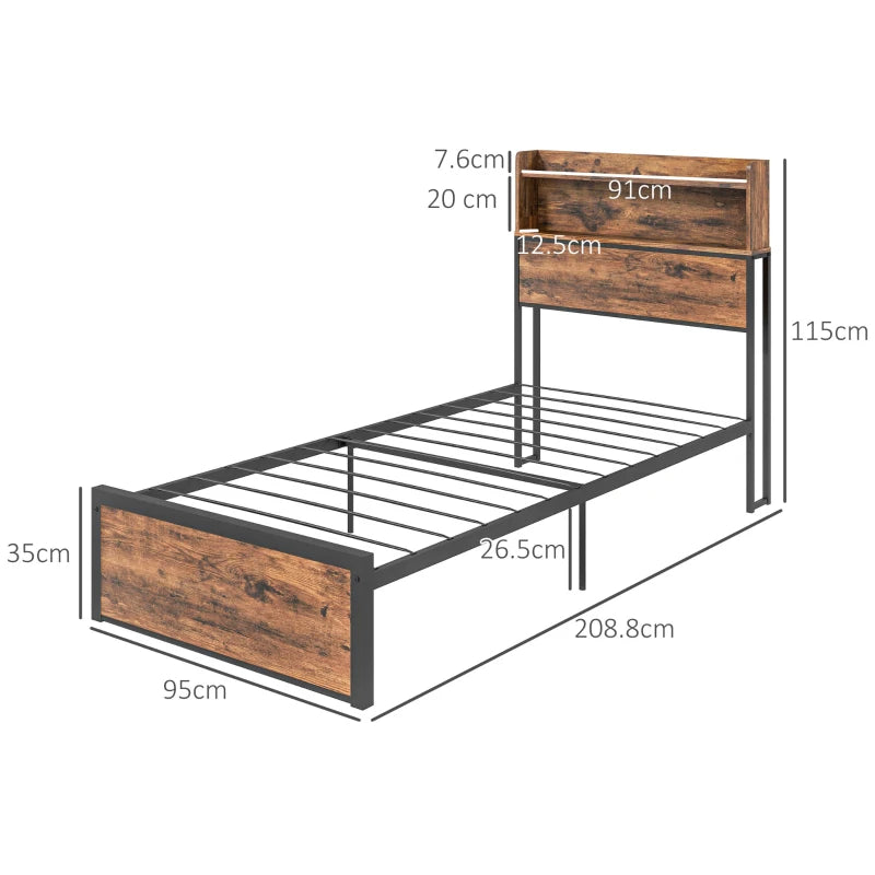Industrial Single Bed Frame 3.1FT Steel Base with Storage Headboard & Footboard, Slatted Support, Rustic Brown 95x209cm