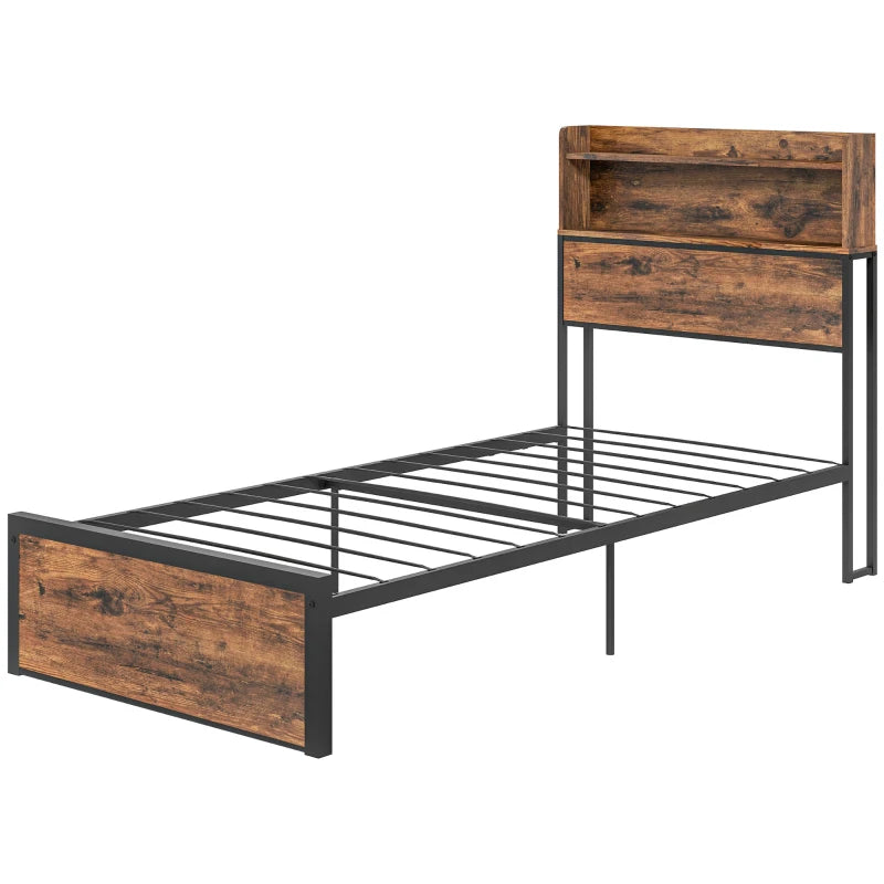 Industrial Single Bed Frame 3.1FT Steel Base with Storage Headboard & Footboard, Slatted Support, Rustic Brown 95x209cm