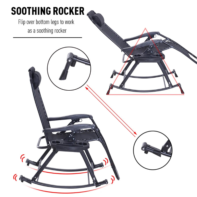 Black Foldable Outdoor Rocking Chair with Sun Lounger and Cup Holder