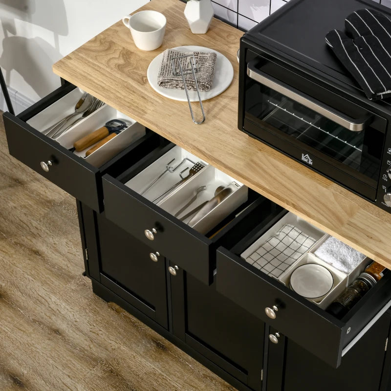 Elegant Black Sideboard with Rubberwood Top & Adjustable Shelves - Perfect for Dining Room & Kitchen Storage