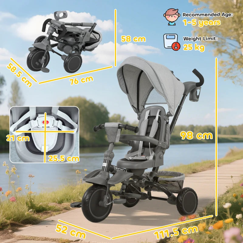 6 in 1 Foldable Kids Trike with Adjustable Parent Handle and Canopy for Ages 1 to 5 Grey