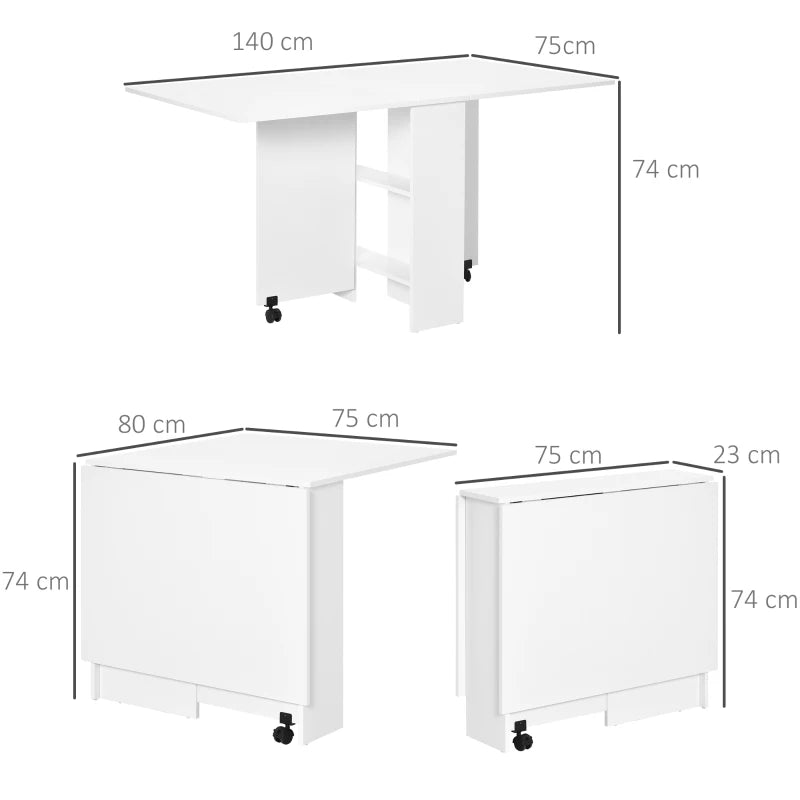 Folding Drop Leaf Dining Table with 2-Tier Shelves & Rolling Casters - Space-Saving Kitchen Table in White