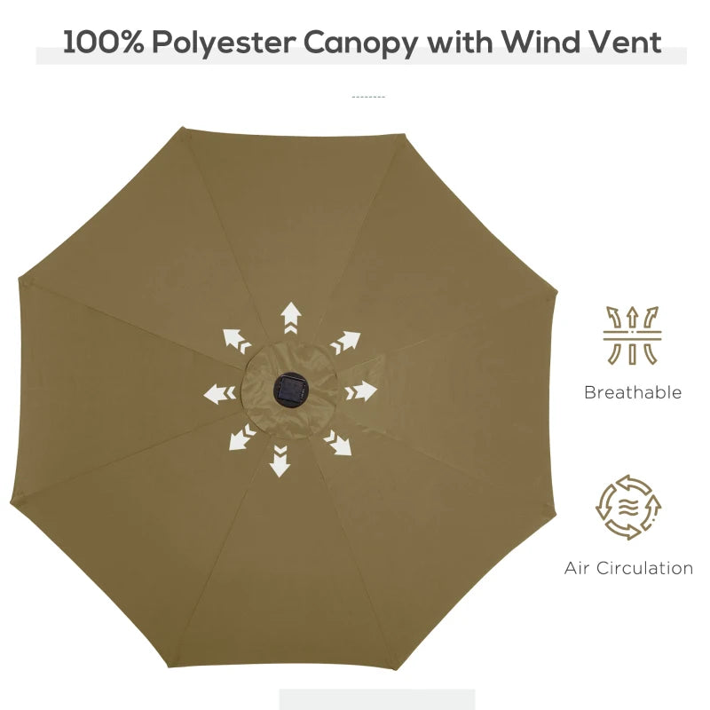 Brown 2.7m Patio Garden Umbrella with Tilt Crank and LED Lights