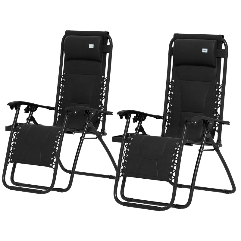 Black Sun Lounger Chair Set of 2 - Folding Reclining Patio Chairs with Padded Seat, Cup Holder, Soft Cushion and Headrest - Black