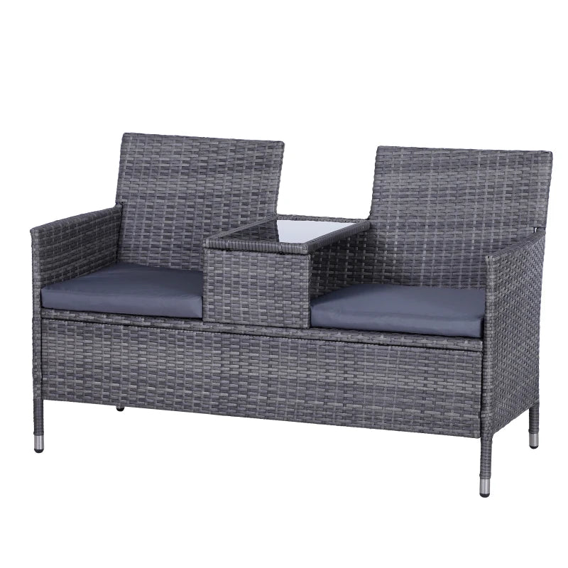 Grey Rattan 2-Seater Outdoor Garden Bench with Centre Table