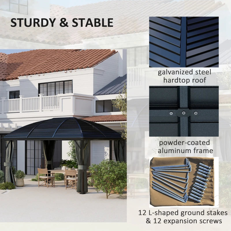 3m x 4m Hardtop Gazebo Canopy - Dark Grey Aluminium Pavilion with Metal Roof, Netting & Curtains